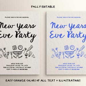 K&ouml;nnte beinhalten: Editierbare Einladungsvorlage f&uuml;r eine Silvesterparty mit blauem und schwarzem Text und Illustrationen. Der Text lautet "Bitte schlie&szlig;en Sie sich uns zu unserer j&auml;hrlichen Silvesterparty an" und enth&auml;lt Datum, Uhrzeit, Ort und RSVP-Informationen.