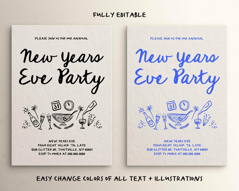 K&ouml;nnte beinhalten: Editierbare Einladungsvorlage f&uuml;r eine Silvesterparty mit blauem und schwarzem Text und Illustrationen. Der Text lautet "Bitte schlie&szlig;en Sie sich uns zu unserer j&auml;hrlichen Silvesterparty an" und enth&auml;lt Datum, Uhrzeit, Ort und RSVP-Informationen.