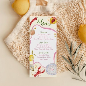 Menu de mariage fantaisiste La Dolce Vita 4 x 9 | Menu de mariage italien d'été | Menu original à l'aquarelle | Menu du dîner côtier | Modèle de toile 4 x 9