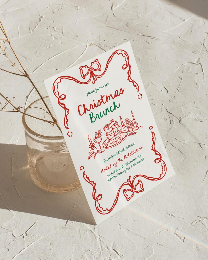 May include: A white Christmas Brunch invitation with red and green text and illustrations. The invitation features a red ribbon border and the words "Christmas Brunch". The invitation includes the date, time, and host information.