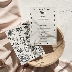 Küstenmenü bearbeitbare Vorlage, Küstendinnerparty, Hochzeitsabendessenpartymenü, mediterranes Menü, handgezeichnet, Farbe bearbeitbar, Canva