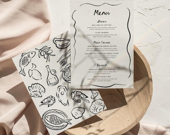 Coastal Menu Editable Template, Coastal Dinner Party, Wedding Dinner Party Menu, Mediterranean Menu, Hand Drawn, Color Editable, Canva
