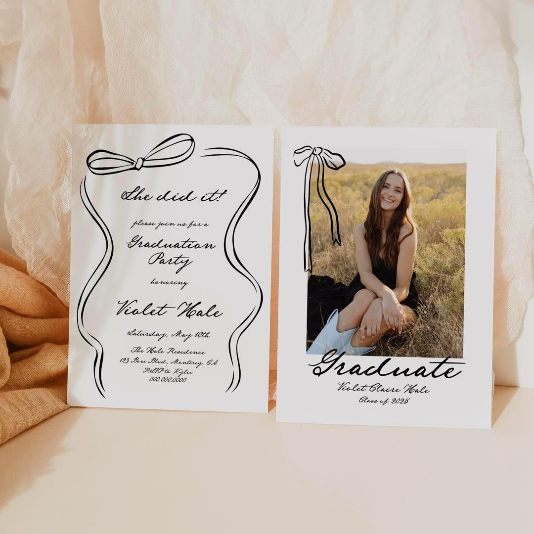 Bow For Graduation Script Hand Drawn Bow Senior Announcement Card Template, Graduation Party ...