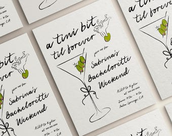 A Tini Bit Martini Bachelorette Weekend Itinerary Invitation Template | Hand Drawn Bach Party Invite | Whimsical Cupid | Hand Drawn | Canva