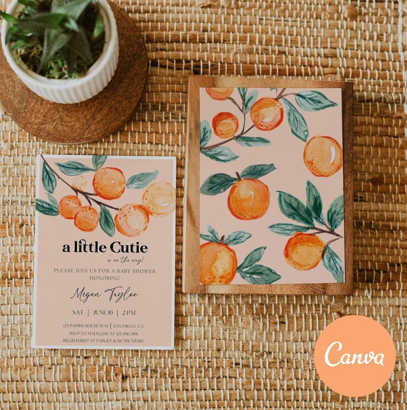May include: A baby shower invitation with a watercolor illustration of orange blossoms and the text "a little Cutie is on the way!"  The invitation is for Megan Tayler and includes the date, time, and location of the shower.