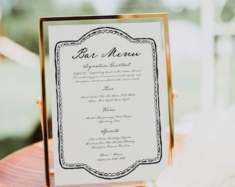 Whimsical Wedding Bar Menu Editable Template | Hand Drawn Bar Menu | French Style Wedding Menu | Bridal Bar Menu | Handwritten Menu | Canva