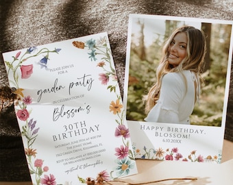 May include: A floral-themed invitation for a 30th birthday party. The invitation features a watercolor illustration of flowers and greenery surrounding the text "garden party" and "Blossom's 30th Birthday". The invitation includes the date, time, location, and RSVP information.