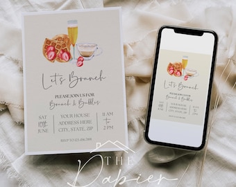 Editable Let's Brunch Invitation Template | Minimal Brunch & Bubbles Invite | Brunch Invite Printable | Digital Download | CANVA