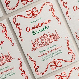 May include: Christmas Brunch invitations with red and green text and illustrations. The invitations feature a red ribbon design and include details such as the date, time, and host's name.