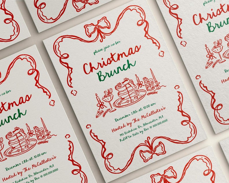 May include: Christmas Brunch invitations with red and green text and illustrations. The invitations feature a red ribbon design and include details such as the date, time, and host's name.