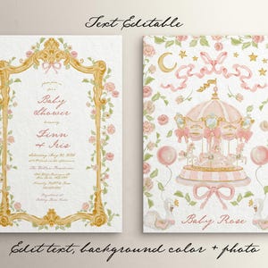 May include: A printable baby shower invitation with a gold ornate frame and pink floral accents. The text reads "Baby Shower Finn + Iris". The invitation is editable and includes a matching design with a pink carousel and swans.