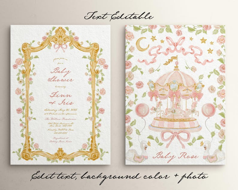 May include: A printable baby shower invitation with a gold ornate frame and pink floral accents. The text reads "Baby Shower Finn + Iris". The invitation is editable and includes a matching design with a pink carousel and swans.