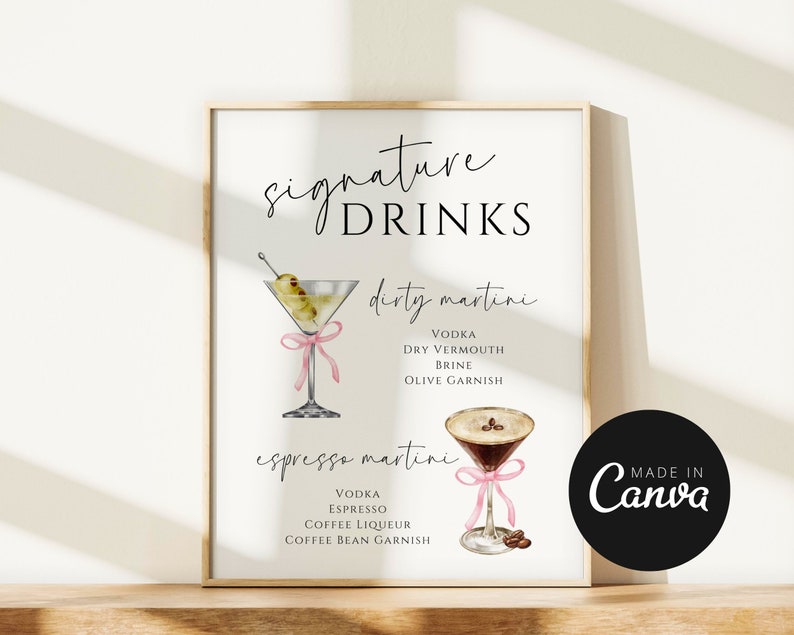 Szablon znaku Martini Signature Drinks Bar | A Tini Bit Older | Motyw koktajlowy | Menu baru Coquette | Edytowalny znak imprezy Martini | Canva zdjęcie 2