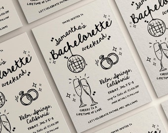 Modelo editável de convite de itinerário de fim de semana de despedida de solteira | Convite de despedida de solteira | Convite para festa de Bach desenhado à mão e lunático