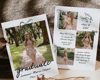 Peut inclure: Carte d'annonce de diplômation avec une photo d'une femme en robe fleurie. La carte est blanche avec du texte noir et un nœud noir. Le texte sur la carte indique "diplômée" et "Summer Marie Cooper, promotion 2025".