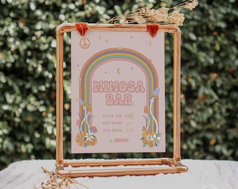 Groovy Retro Mimosa Bar Sign Template | Boho Rainbow Baby Shower Bar Sign | Girl Baby Shower Bar Sign | Digital Download | CANVA