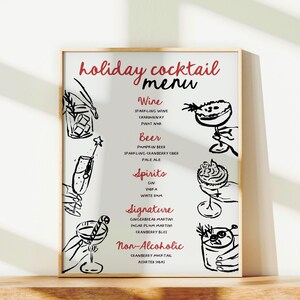 May include: A black and white printable holiday cocktail menu with hand-drawn illustrations of drinks. The menu lists wine, beer, spirits, signature cocktails, and non-alcoholic options.