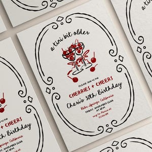 Modèle d'invitation d'anniversaire martini cerise | Cerises A Tini Bit plus vieilles | Invitation lunatique dessinée à la main | Invitation 30e anniversaire | Sale trente