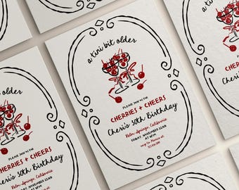 Plantilla de invitación de cumpleaños con martini de cerezas / Cerezas un poco más viejas / Invitación caprichosa dibujada a mano / Invitación para el 30.° cumpleaños / Treinta sucios