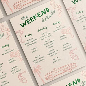 May include: A pink and green illustrated weekend itinerary with a flamingo, palm trees, and a vintage car. The itinerary includes a list of activities for Friday, Saturday, and Sunday, including brunch, shopping, and dinner.