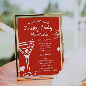 Martini Signature Drink Menu Schild | Lucky in Love Martini-Zeichen | Vegas Bachelorette | Cocktailkarte | Menüleiste | Bearbeitbare Canva Vorlage