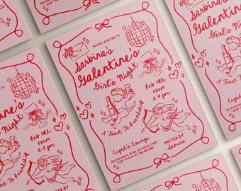 Galentine's Invitation Valentine's Day Party | Coquette Cupid Galentine's Girls Night Invite | Editable Doodle Template | Hand Drawn | Canva