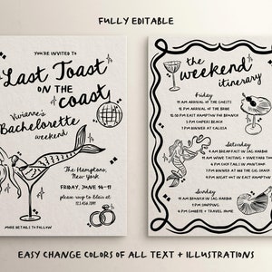 Może przedstawiać: Czarno-biała, drukowalna zaproszenie na wiecz&oacute;r panieński z ilustracją syreny i tekstem "Last Toast on the Coast". Zaproszenie zawiera plan weekendu z listą zajęć na piątek, sobotę i niedzielę.