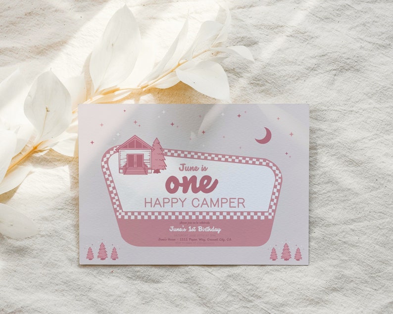 Editable One Happy Camper Photo Invitation Happy Camper Birthday National Park Party Theme Girl First Birthday Invite Canva Template image 1