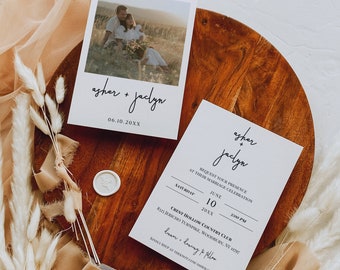 May include: Wedding invitation with a white background and black text. The invitation reads "asher + jaclyn" and includes the date "06.10.20XX". The invitation also includes the details of the wedding ceremony, including the date, time, and location. The invitation is decorated with a simple floral design.