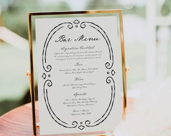 Whimsical Wedding Bar Menu Editable Template | Hand Drawn Bar Menu | French Style Wedding Menu | Bridal Bar Menu | Handwritten Menu | Canva