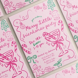 Merry Little Friendsmas Party Invitation Hand Drawn Template | Whimsical Christmas Party Invite | Cocktail Party | Color Editable | Canva