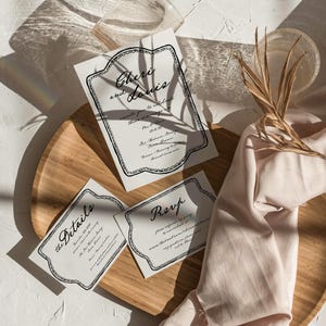Conjunto de convites de casamento caprichosos desenhados à mão | Convite, detalhes, RSVP | Conjunto de convites de casamento em estilo francês | Cartão de noiva escrito à mão