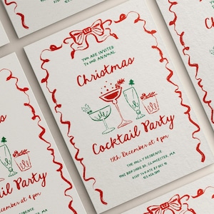 Christmas Cocktail Party Invitation Bow Frame Editable | Whimsical Holiday Invite | Hand Drawn | Vintage Christmas | Canva Template