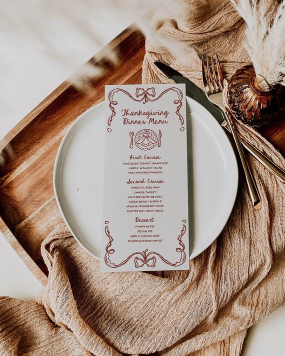 Thanksgiving Menu Template 4x9 | Thanksgiving Dinner & Drinks Menu | Whimsical Holiday Dinner Party Menu | Hand Drawn | Canva
