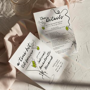 May include: A white invitation card with green olives and a martini glass illustration. The text reads "a tini bit til forever" and "Sabrina's Bachelorette Weekend".