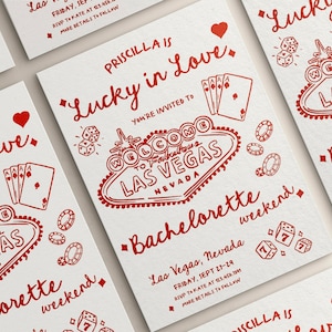 Plantilla editable de itinerario de invitación para despedida de soltera de Lucky In Love Las Vegas / Invitación de despedida de soltera / Invitación de despedida de soltera dibujada a mano