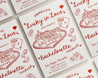 Lucky In Love Las Vegas Bachelorette Invitation Itinerary Editable Template | Bachelorette Invite | Ręcznie rysowane, kapryśne zaproszenie na wieczór kawalerski