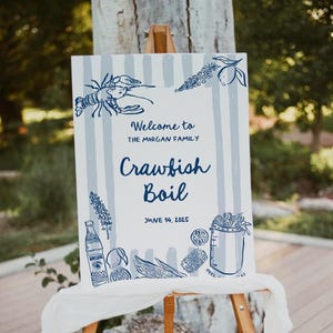 Bewerkbare langoesten kookfeest welkomstbordsjabloon, handgetekende bord, zeevruchten kookbord, vis kook familiefeest, Coastal Whimsy Sign, 18 x 24