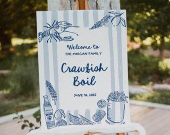 Modèle modifiable de plaque de bienvenue pour fête d'ébullition des écrevisses, signe dessiné à la main, signe d'ébullition de fruits de mer, fête de famille d'ébullition de poisson, signe fantaisie côtier, 18 x 24