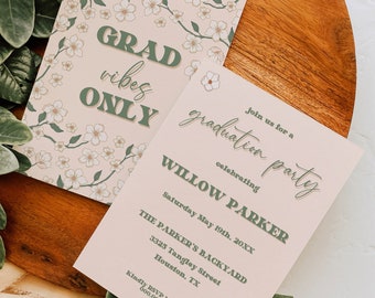 Grad Vibes Only Graduation Announcement Template | Boho 70s Flowers Graduation Invite | Groovy Floral Invitation Template Download | CANVA