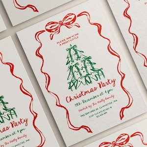 Convite para festa de Natal Merry Little Bow Frame editável | Convite de Natal caprichoso | Desenhado à mão | Árvore de Natal vintage | Modelo Canva
