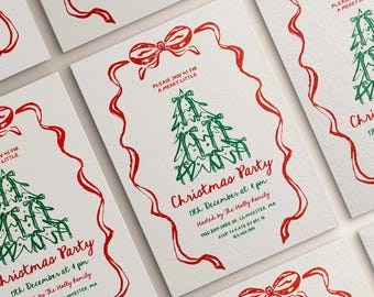 Merry Little Christmas Party Invitation Bow Frame Editable | Whimsical Holiday Invite | Hand Drawn | Vintage Christmas Tree | Canva Template