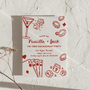Plantilla de invitación para fiesta de compromiso en Las Vegas / Invitación de casino / Tema de "Afortunado enamorado" / Boda en Las Vegas / Dibujado a mano / Color editable / Canva