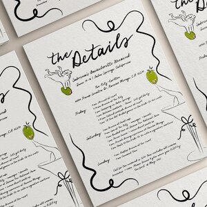May include: A black and white illustrated invitation for a bachelorette weekend in Palm Springs, California. The invitation includes the details of the weekend, including the dates, location, and activities. The invitation is decorated with a martini glass and olives.