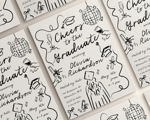 Hand Drawn Graduation Party Invitation Template | Graduation Announcement Invite | Cheers to the Grad | 100% Color Editable | Canva