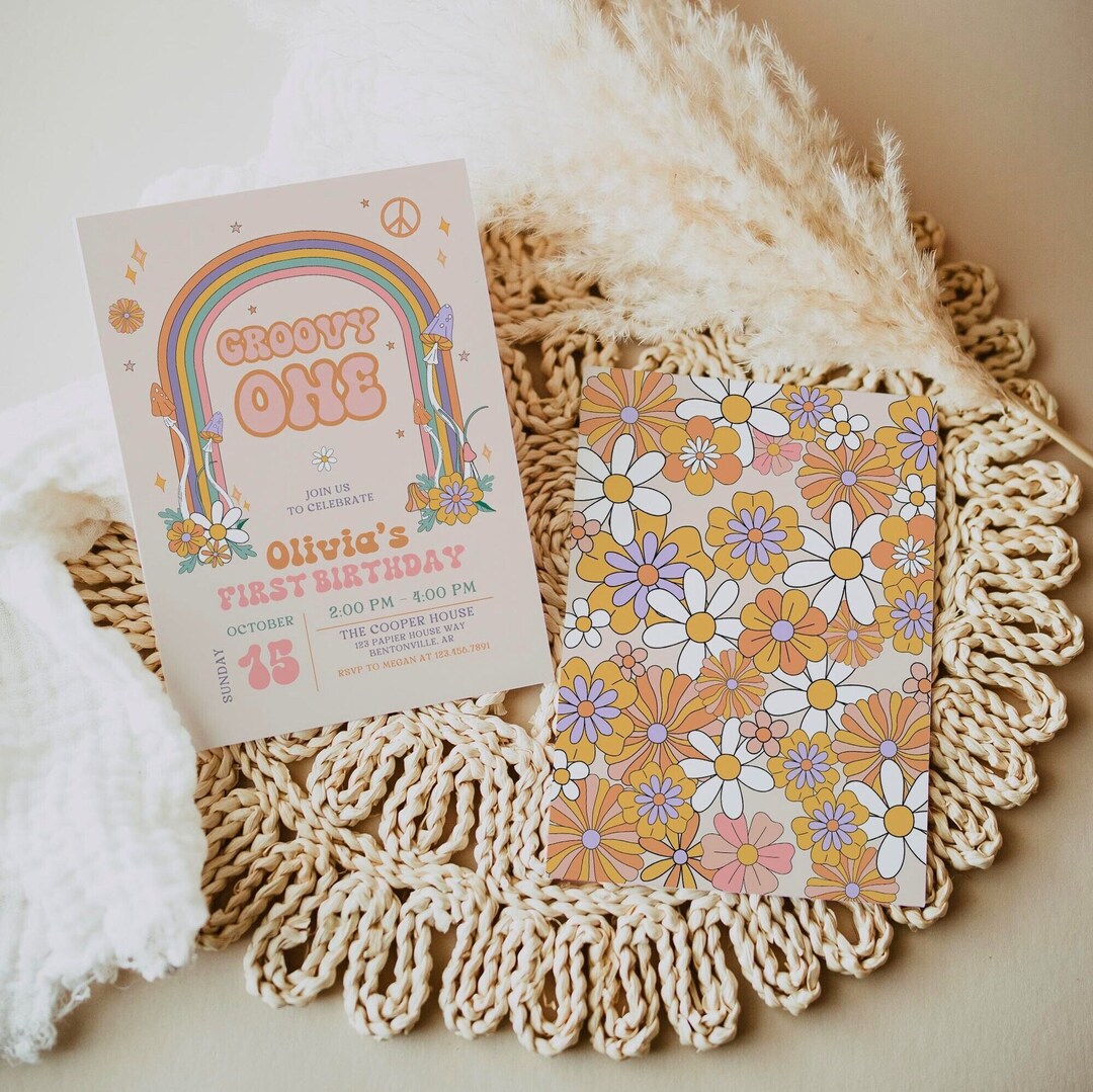 Editable Groovy One 1st Birthday Invitation Template | Retro Girls ...