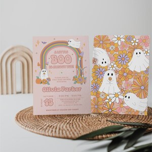 Little Boo Pink Baby Shower Editable Template | Retro Halloween Baby Shower Party | Little Boo Is Due Invite | Digital Download | CANVA