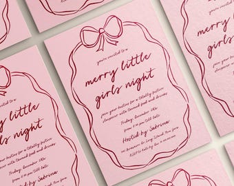 Christmas Girls Night In Invitation Hand Drawn Editable Template | Coquette Christmas Invitation | Sleepover Invite | Bow Frame | Canva