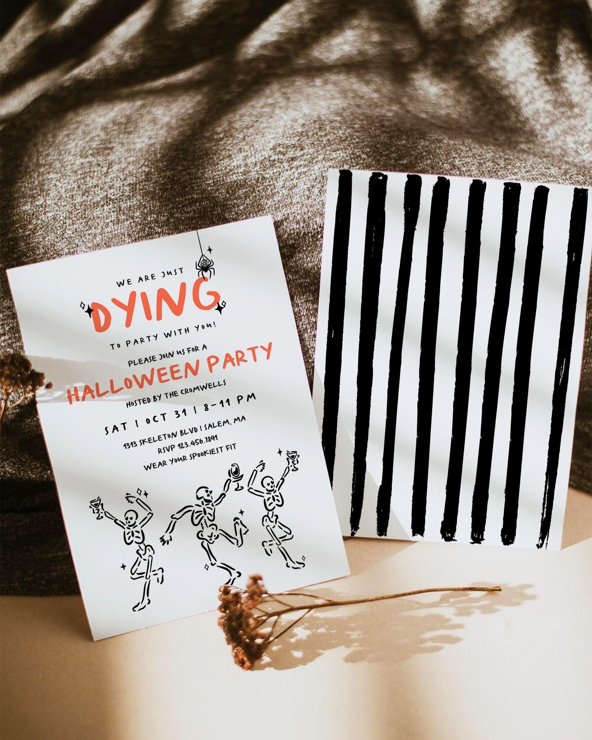 Skeleton Halloween Party Invitation Canva Template, Dying to Party