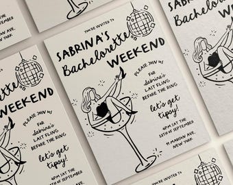 May include: Black and white illustration of a woman sitting in a martini glass with a disco ball in the background. The text reads "Sabrina's Bachelorette Weekend" and "Please join us for Sabrina's last fling before the ring. Let's get tipsy!"  4PM Sat the 28th of September, 11 Madison Ave, New York.